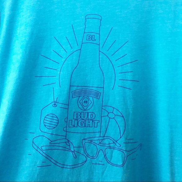 BUD LIGHT On A Beach Blue Short Sleeve Unisex Tee - Picture 2 of 7